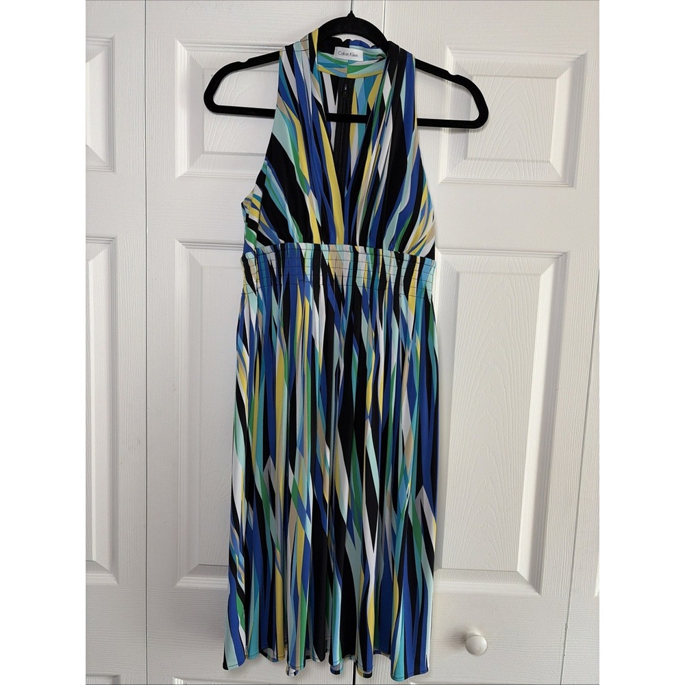 Calvin Klein Abstract Geometric Stripe Dress Womens Size 6 Blue Yellow Vibrant